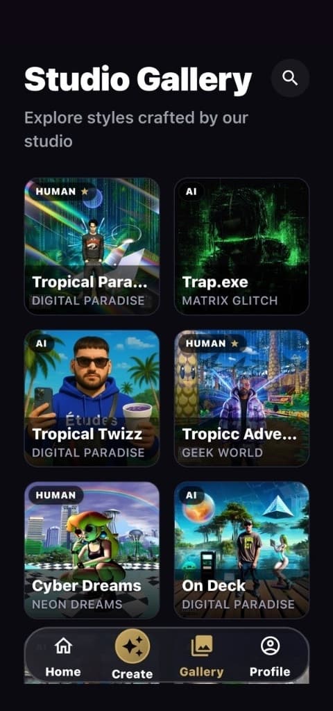 Artifact studio gallery — grid of generated artwork