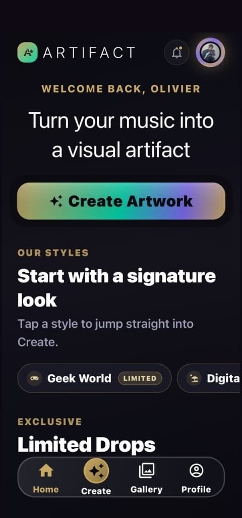 Artifact home screen — Turn your music into a visual artifact